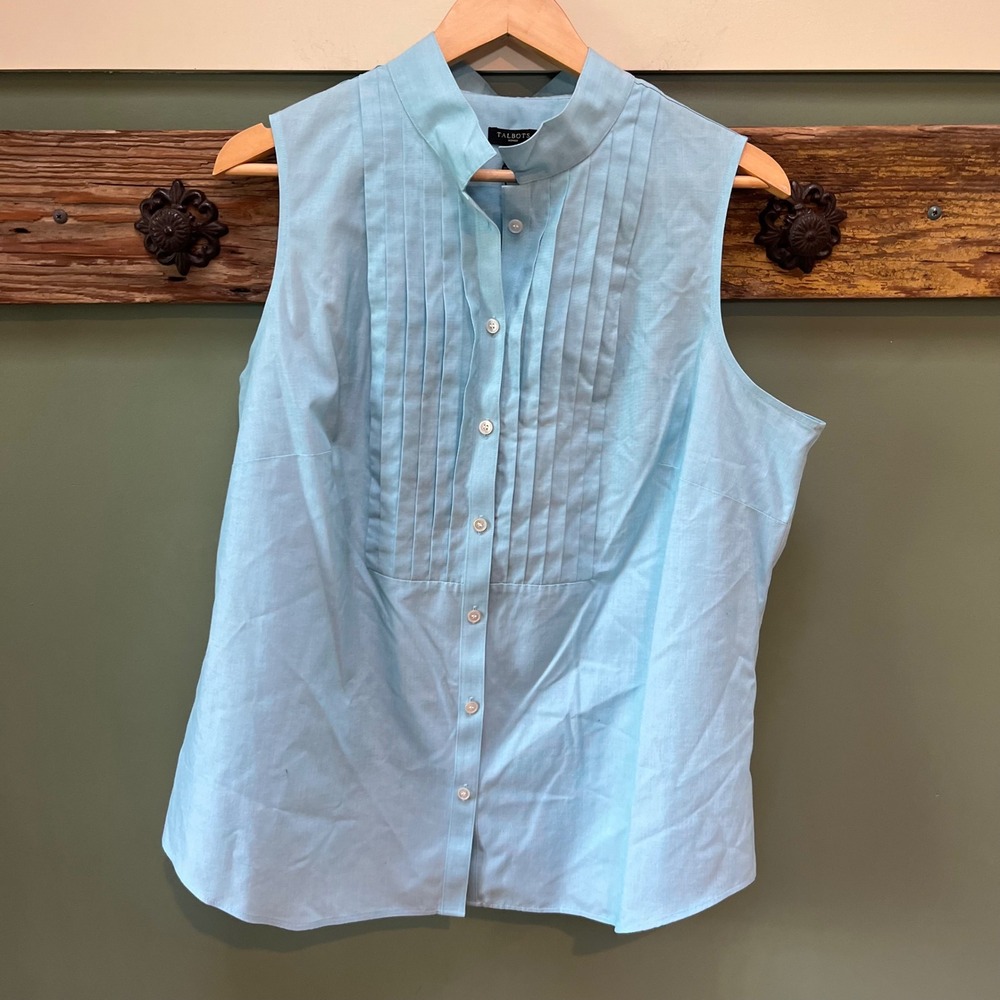 Talbots Woman Light Blue Cotton Sleeveless Pintuck Mandarin Collar Blouse 16W